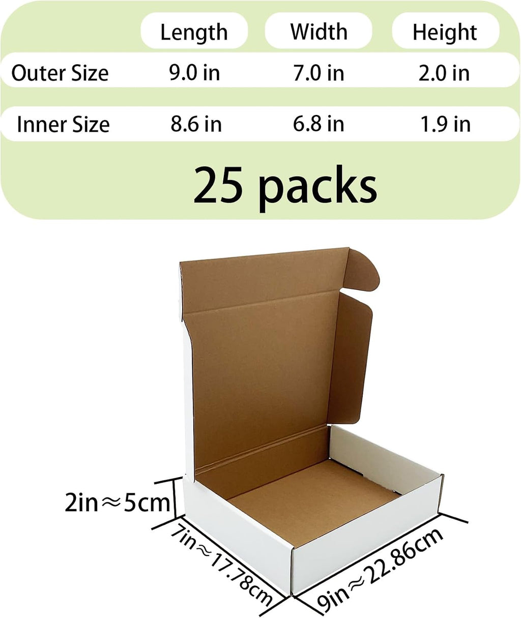 White Shipping Boxes 9x7x2 inch 25 Pack,Corrugated Mailers for E-Commerce