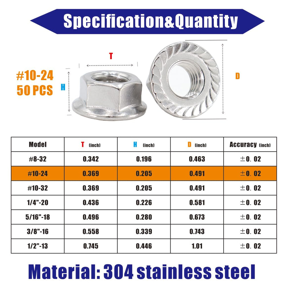 #10-24 Flange Nut,50 Pcs,304 Stainless Steel Hex Serrated Flange Lock Nut