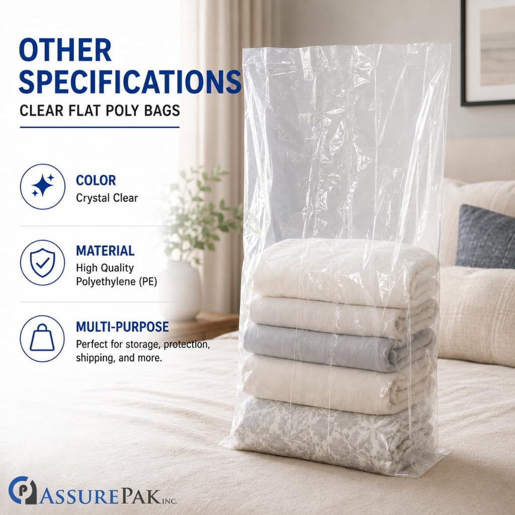 Clear Flat Poly Bags, 12" x 8" x 30", 1.45 Mil, 250 Count