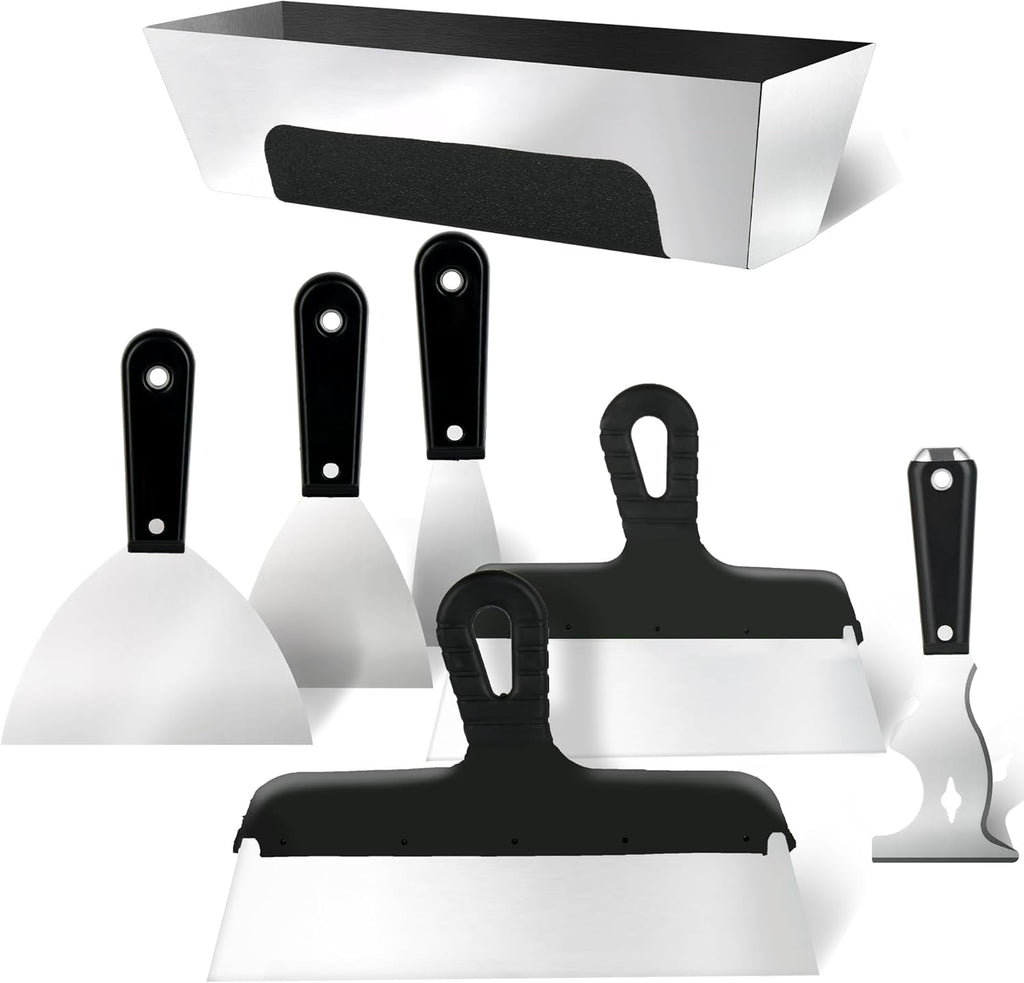 Drywall Tools Set, 7 PCS Stainless Steel Drywall knives with 12” Mud Pan | Complete Putty Knife Set - 2” 3” 4” 6“ 10”