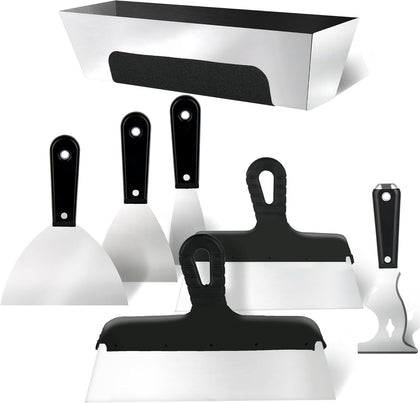 Drywall Tools Set, 7 PCS Stainless Steel Drywall knives with 12” Mud Pan | Complete Putty Knife Set - 2” 3” 4” 6“ 10”