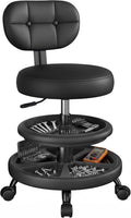 Rolling Shop Stool with Wheels, Adjustable Height Heavy Duty Garage Stool with Double Storage Tray, Garage Mechanic