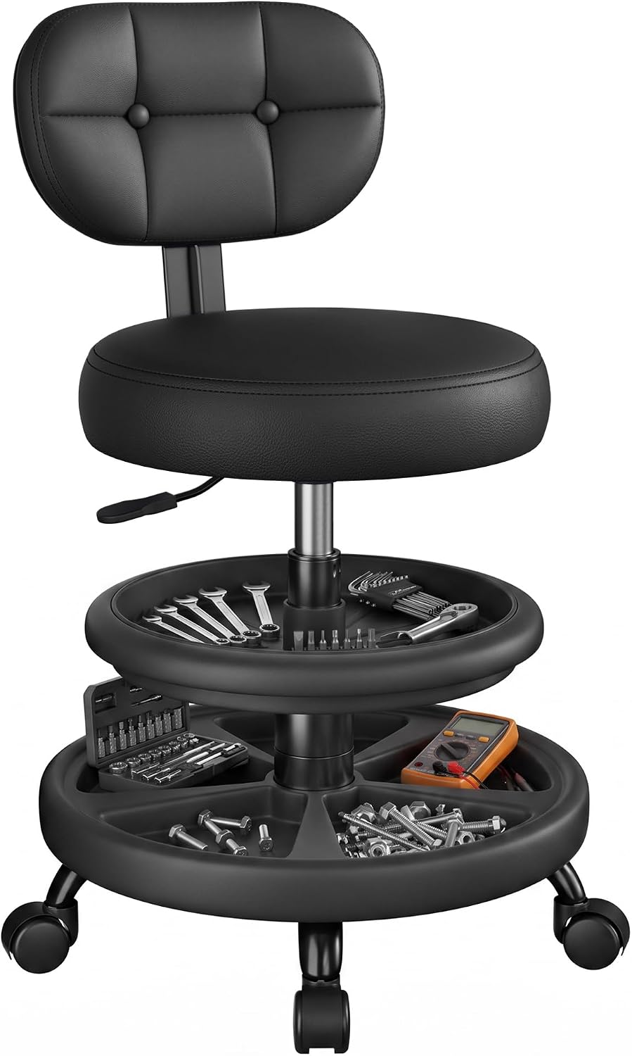 Rolling Shop Stool with Wheels, Adjustable Height Heavy Duty Garage Stool with Double Storage Tray, Garage Mechanic
