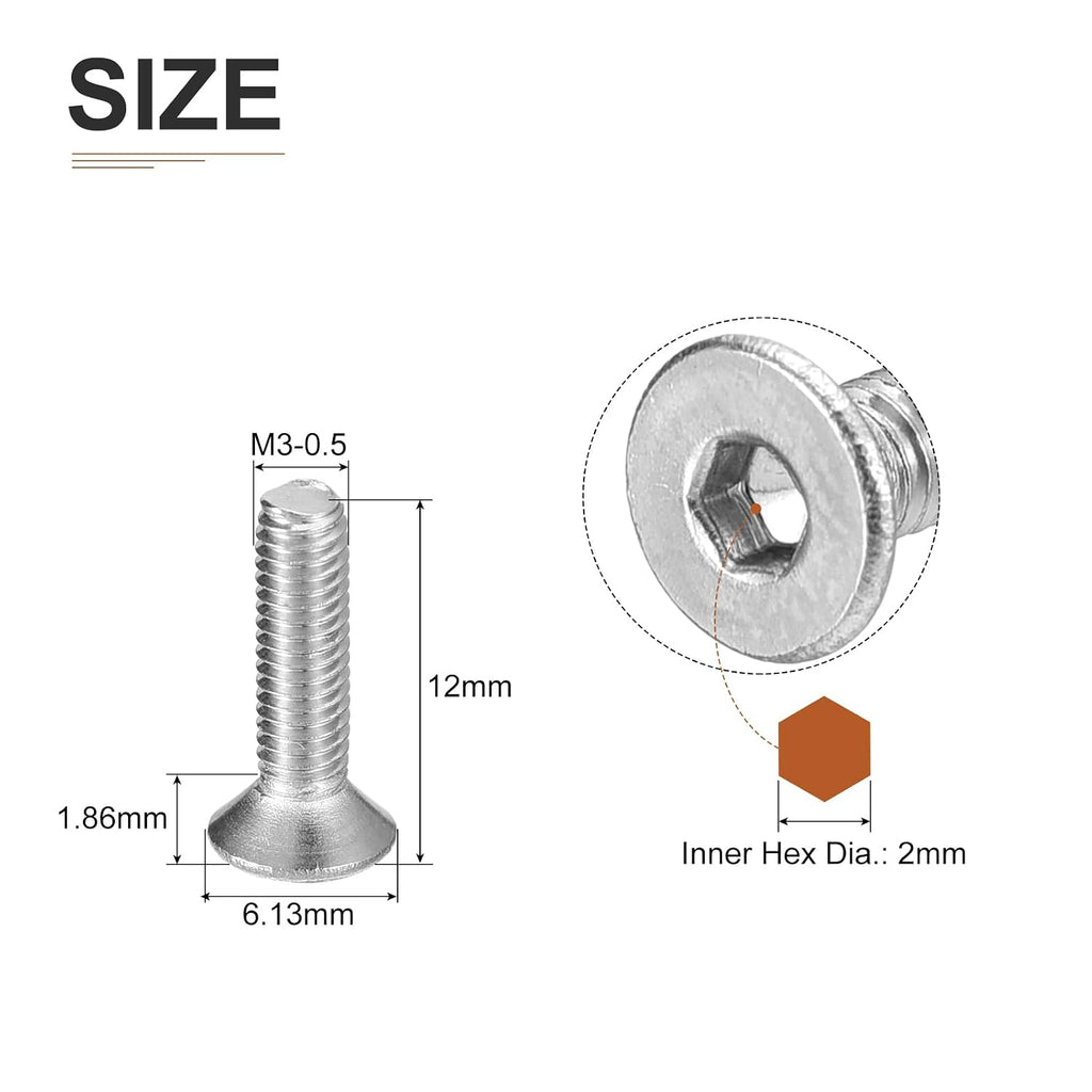 DTGN M3-0.5 x 12mm Flat Head Socket Cap Screws, 100 Pack 304 Stainless Steel Hex Socket Flat Head Screws, Full Thread, Countersunk Bolts