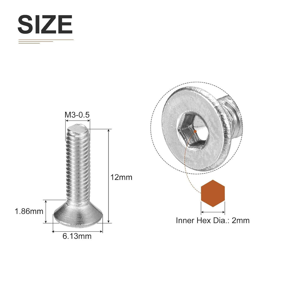 DTGN M3-0.5 x 12mm Flat Head Socket Cap Screws, 100 Pack 304 Stainless Steel Hex Socket Flat Head Screws, Full Thread, Countersunk Bolts