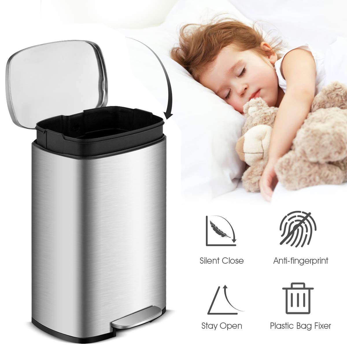 13.2 Gallon/ 50 L Kitchen Trash Can, Anti-Fingerprint Touchless Waste Bin with Soft-Closing & Stay Open, Step-On