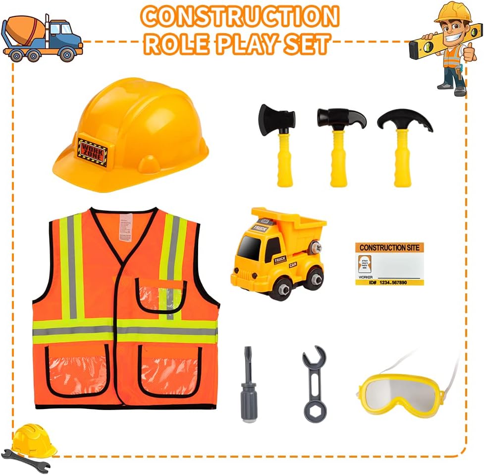 Construction Worker Costume for Boys, Pretend Builder Career Outfit with Self-assembly Engineer truck, Role Play