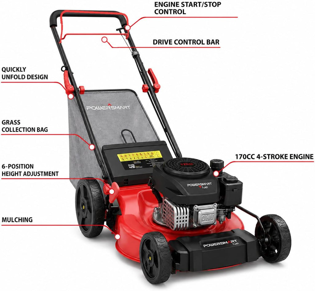 21-Inch 3-in-1 Gas Self-Propelled Lawn Mower,170CC OHV Engine,Bagging/Mulching/Rear Discharging, 6 Cutting Heights