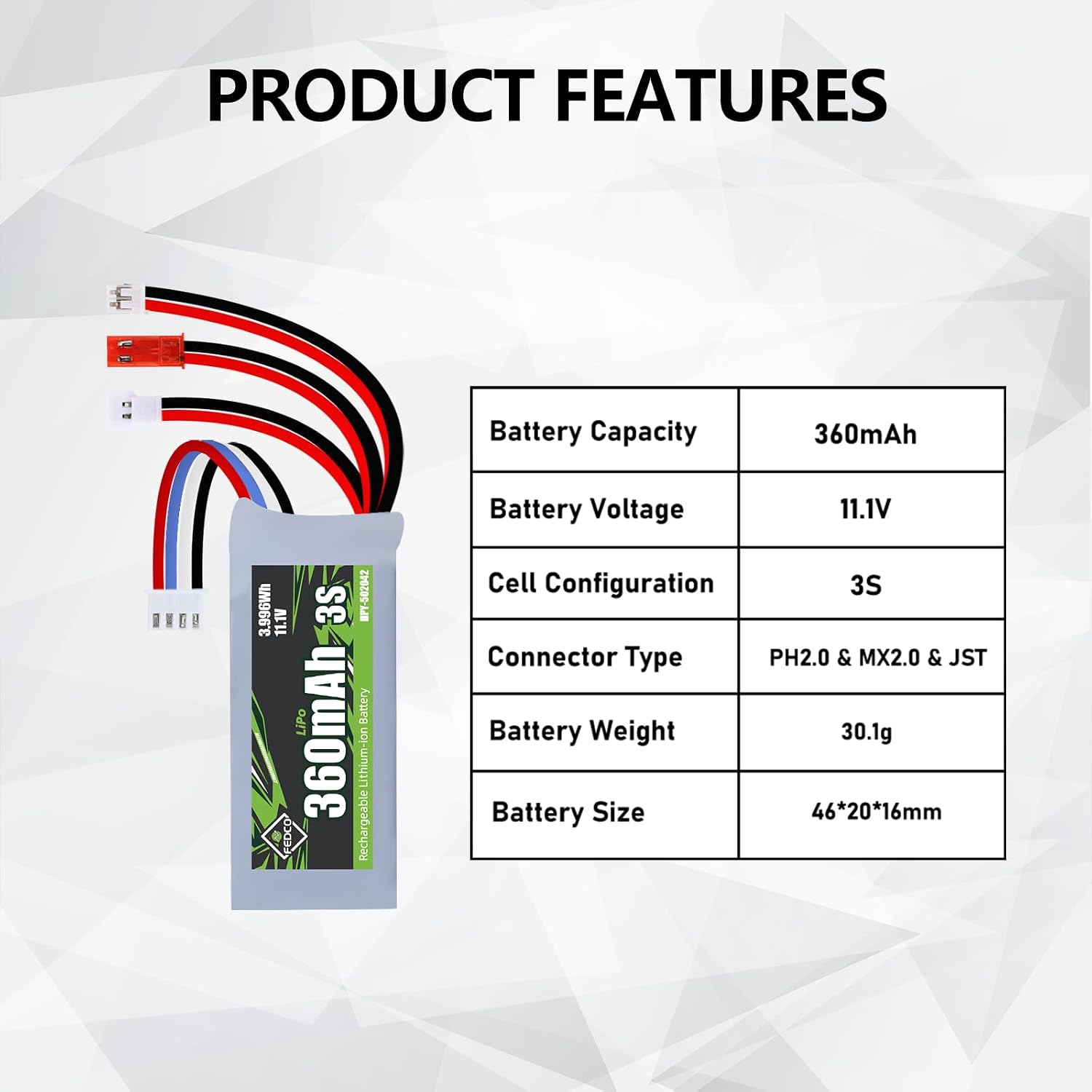 3S Lipo Battery 11.1V 360mAh Various Plugs Rechargeable RC Battery | JST&MJ&PH2.0&MX2.0 Plug with USB Charger for