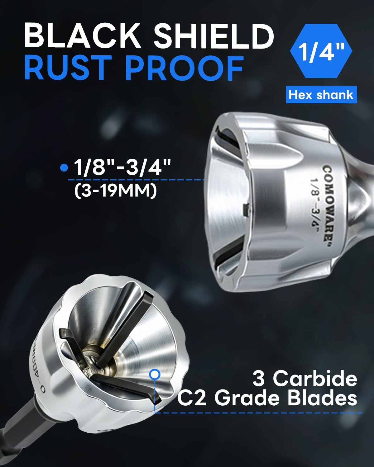 COMOWARE Threaded Rod Deburring Tool, External Chamfer Tool for Metal, Tungsten Carbide Chamfer Bit, Deburring Drill Bit, Remove Burr Tools Quick Release Shank Fits 1/8"- 3/4"(3mm-20mm)