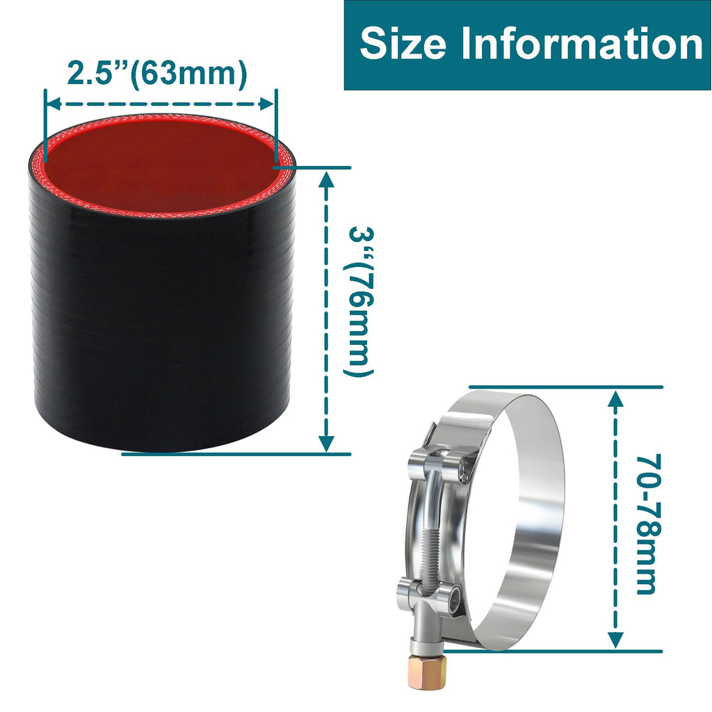 Straight ID 2.5" Silicone Hose Coupler with 2PCS T-bolt Clamps