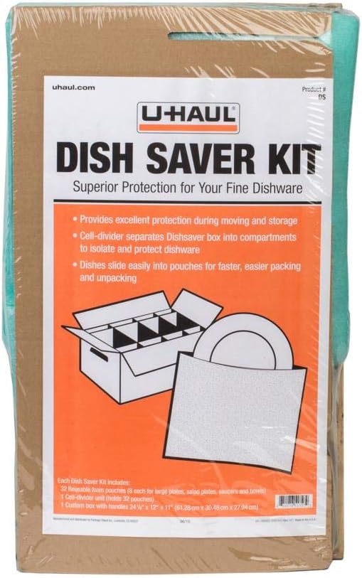Dish Packing Kit – For Dishes and Glassware – Includes 1 Box, 1 Cell Divider Unit, and 32 Assorted Foam Pouches