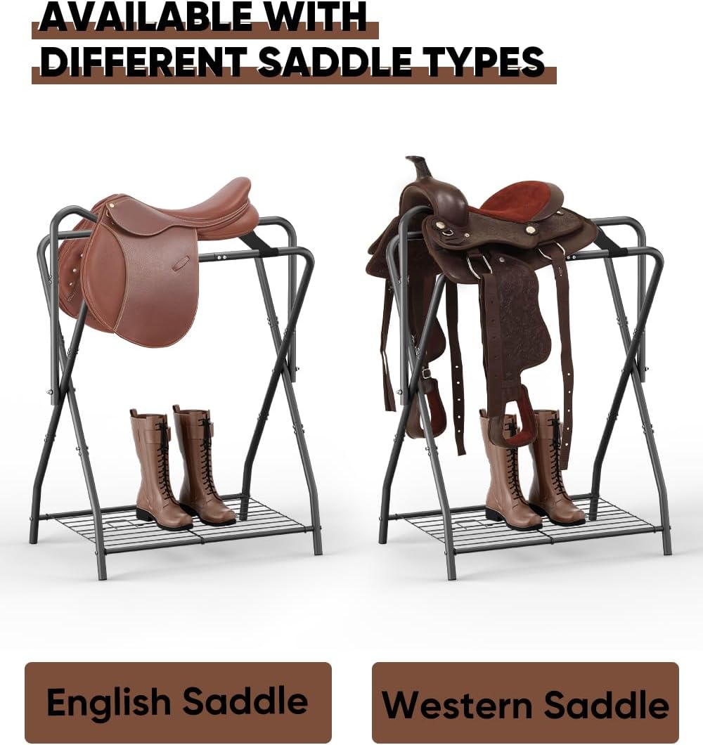 Foldable Saddle Rack with Bottom Storage for Horse Stable, Black