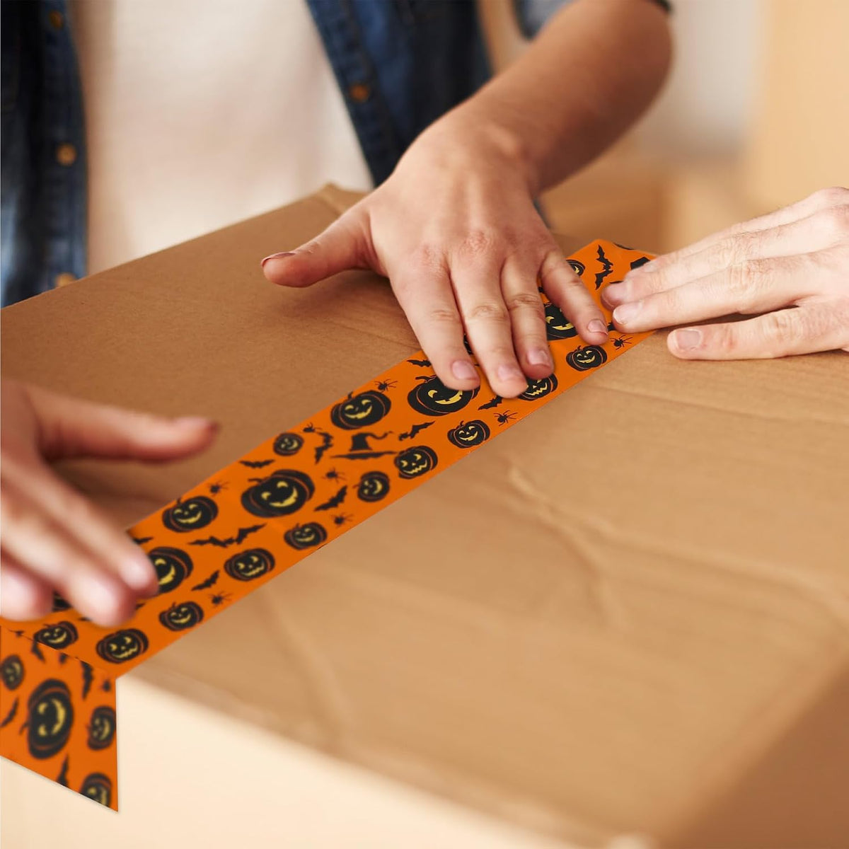 109 Yard Halloween Packing Tape Orange Black Pumpkin Bat Decorative Sticky Gift Wrapping Tape for DIY Crafts Small