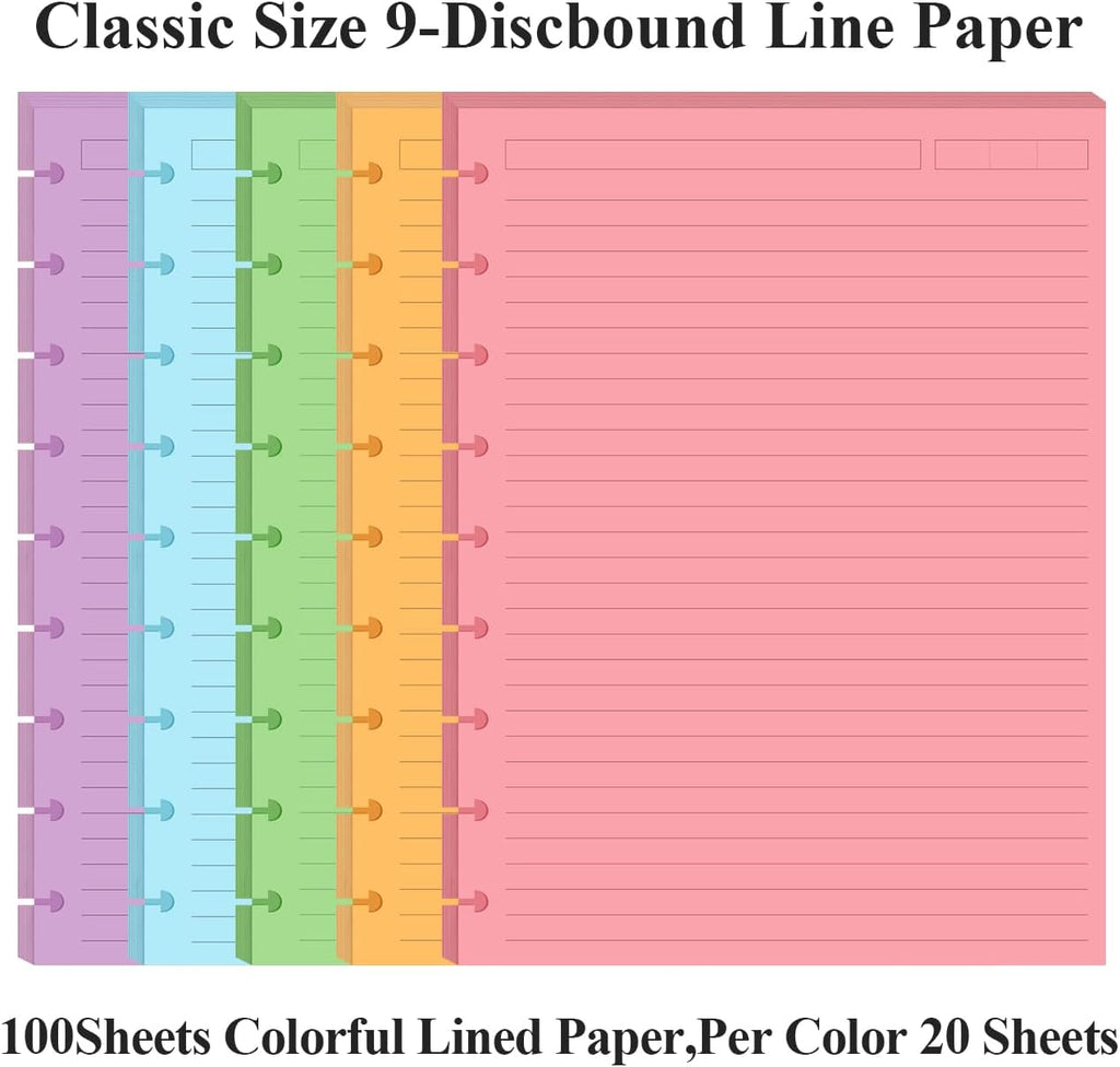 9-Disc Discbound 5 Colorful Line Paper Pre-punched Happy Planners Inserts, 100Sheets/200Pages Classic Size Line