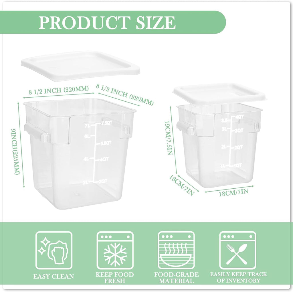 4 Pcs 8qt & 4qt Clear Food Storage Containers with Lids Handles and Scales, Stackable Plastic Square Food Storage