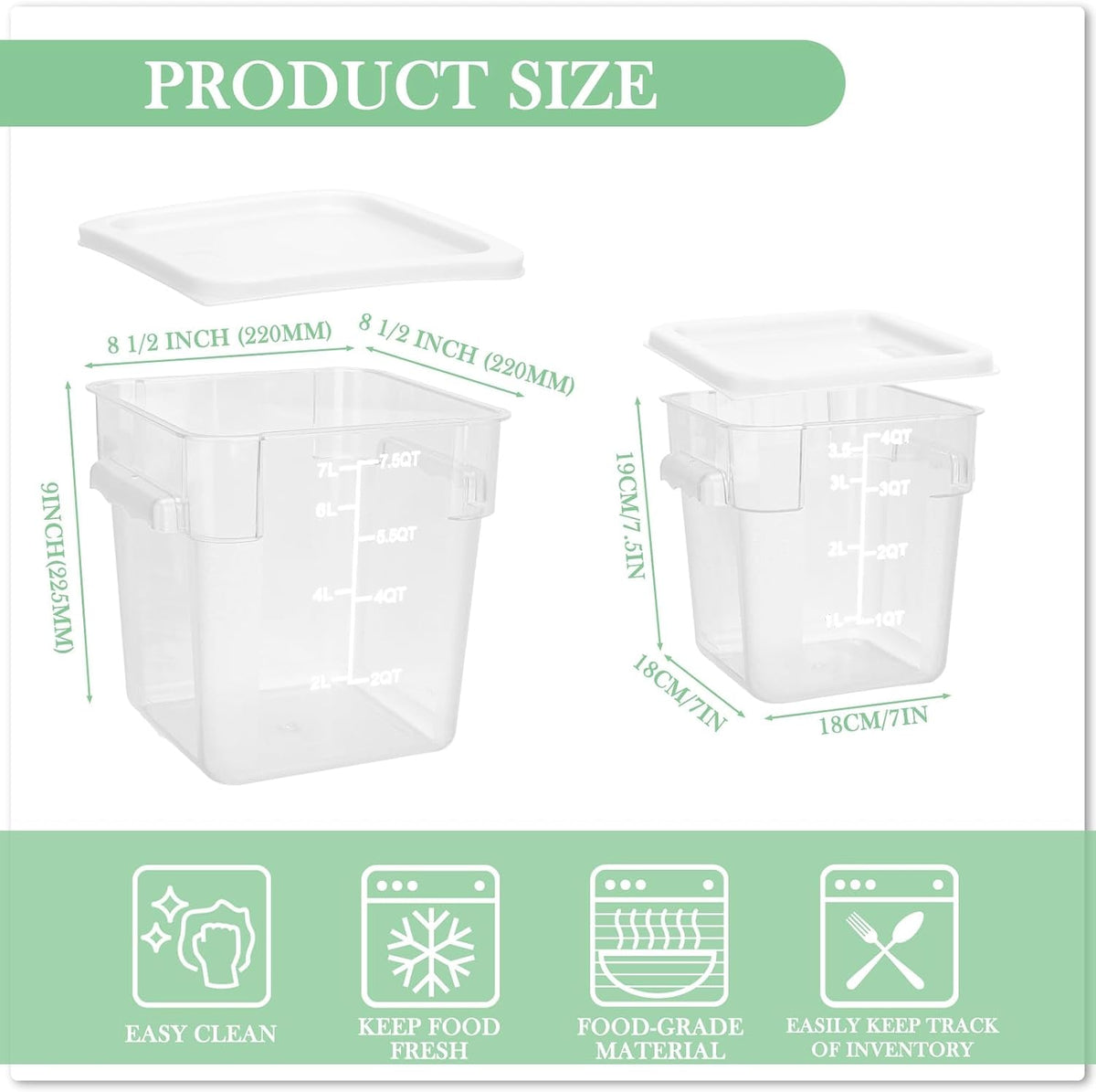 4 Pcs 8qt & 4qt Clear Food Storage Containers with Lids Handles and Scales, Stackable Plastic Square Food Storage