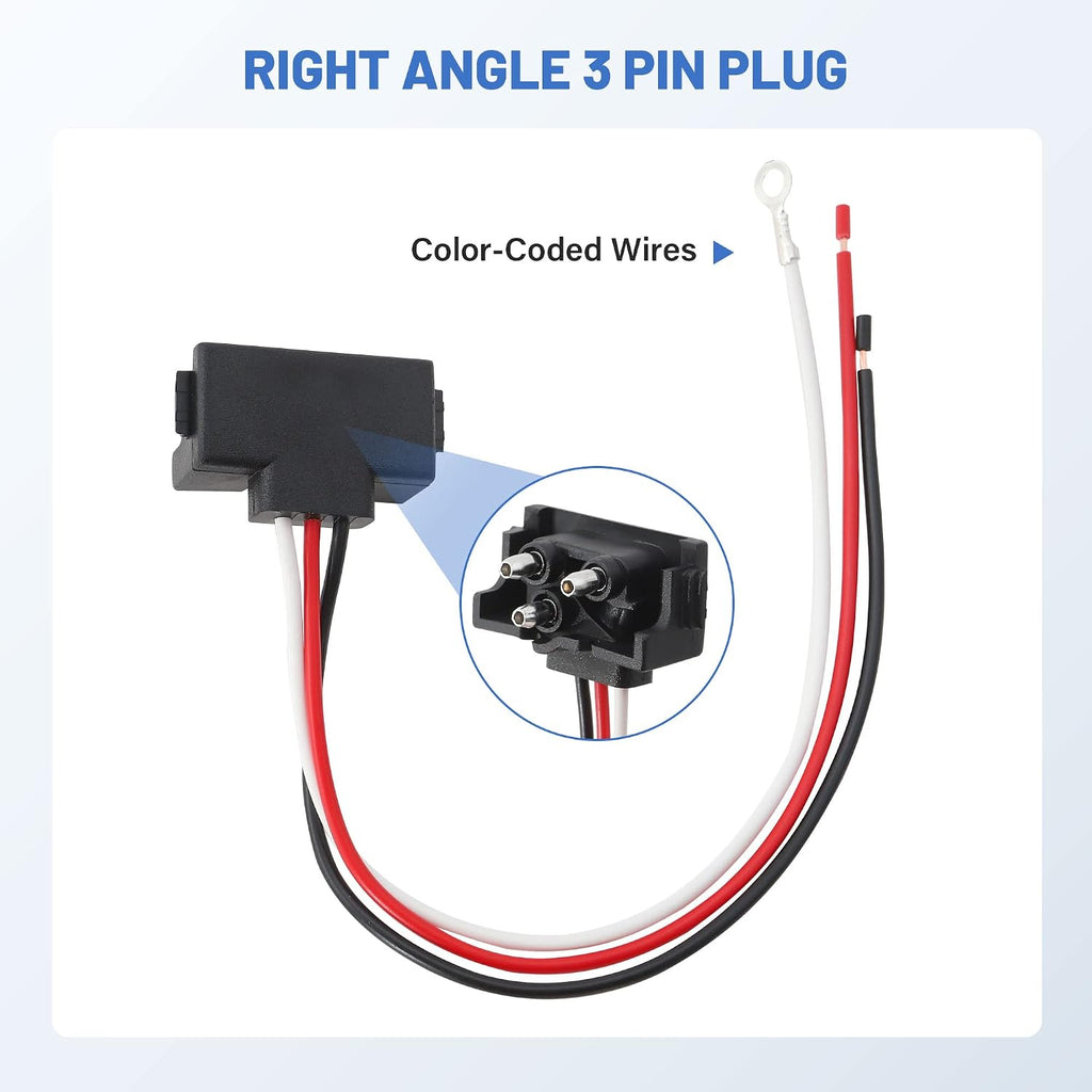 8PCS 3 Pin Trailer Light Connector, Right Angle 3 Wire Pigtail Harness 20AWG for Truck Trailer Stop Turn Tail Brake
