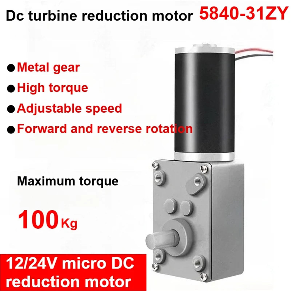 5840-31ZY DC 12V 24V Reduction Gear Motor Large Torque High Power 2-70kg 7RPM-470RPM Worm Reversed 1PCS(Only the Motor,260 RPM,12V)