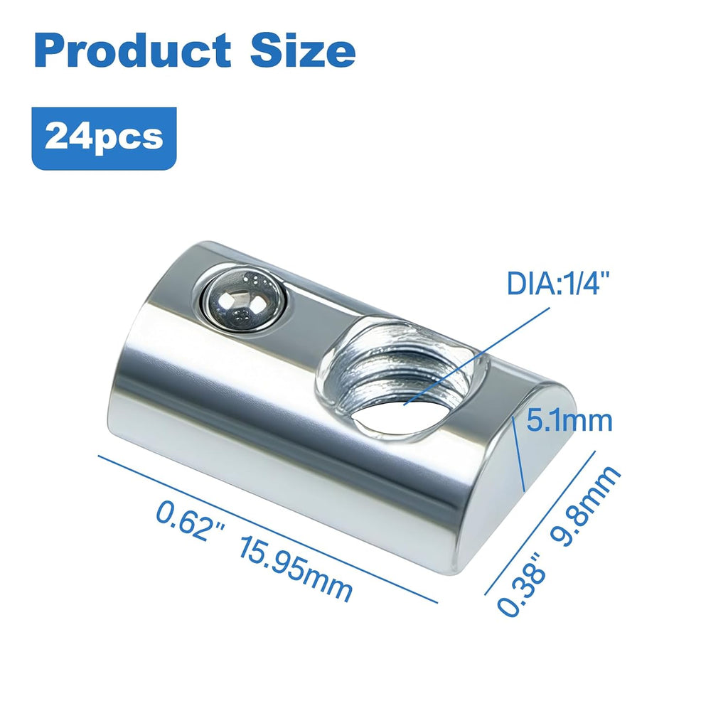 24 Packs 1/4"-20 Threaded Steel Roll in T-Nut with Ball Spring