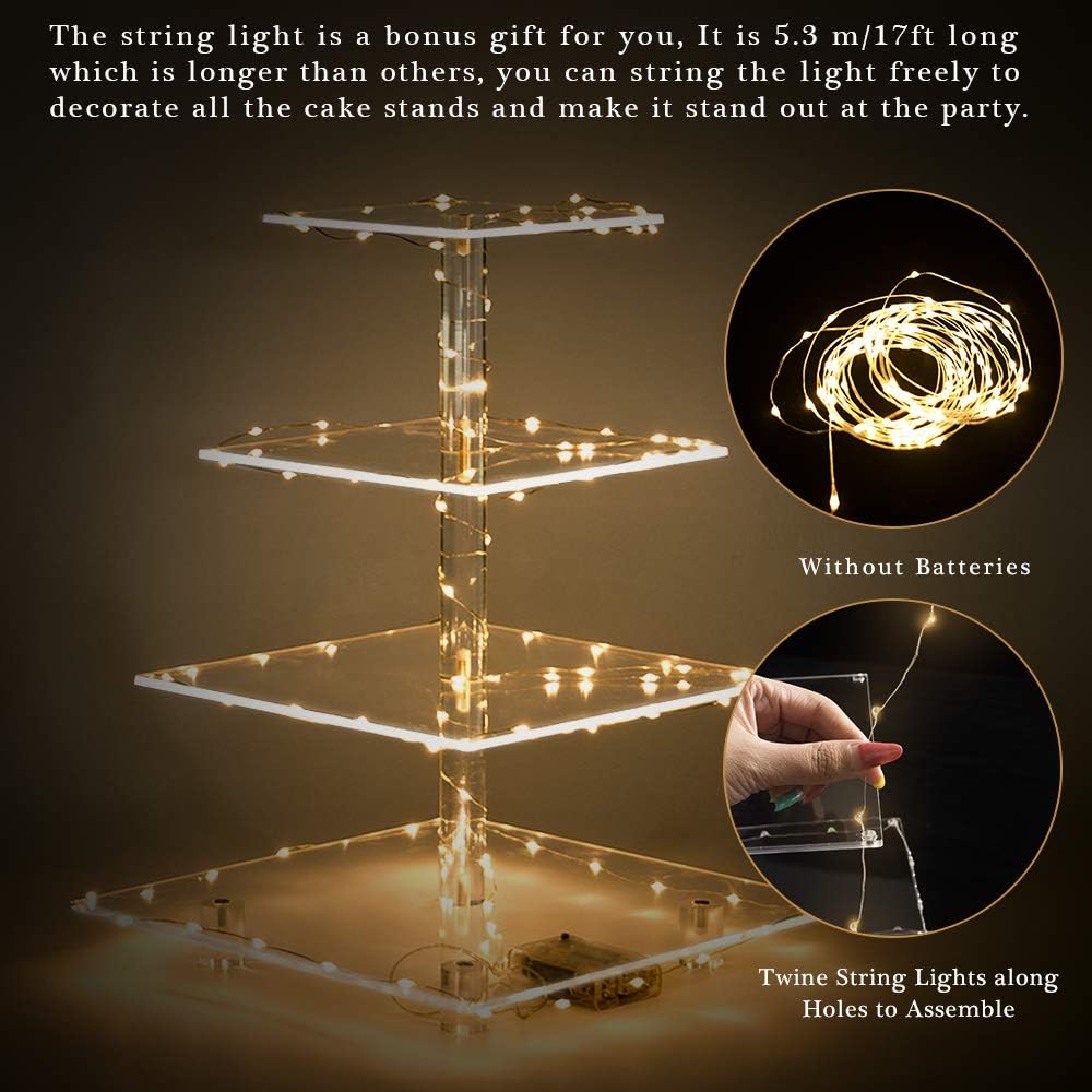 Cupcake Stand with Yellow LED Lights, 4 Tier Cupcake Stand for 50 Cupcakes, Acrylic Cupcake Tower Stand, Clear Tiered