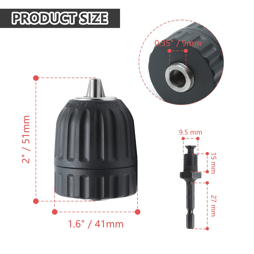 Keyless Drill Chuck, 0.8-10mm Capacity, 1/4" Hex Shank