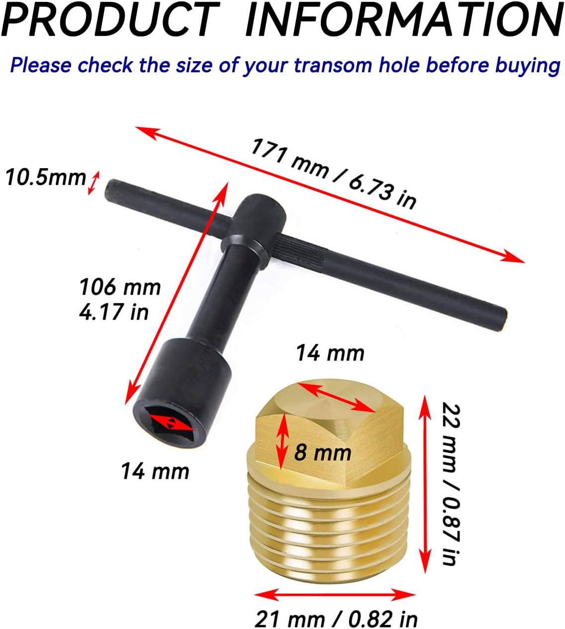 Solid Boat Plug - 1/2 Inch Drain Plugs with T Handle Wrench Tool Kit for Most Hulls