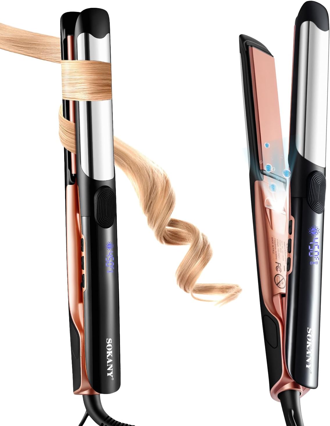 Hair Straightener and Titanium Flat Iron Curler 2 in 1 | 1 Inch Ceramic 3D Floating Panel,Dual Voltage,450°F Rapid