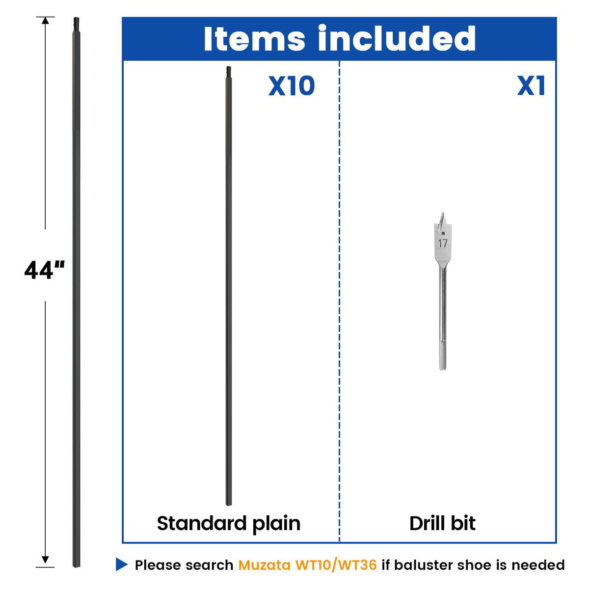 10 Pack 44" Straight Hollow Iron Balusters WT30