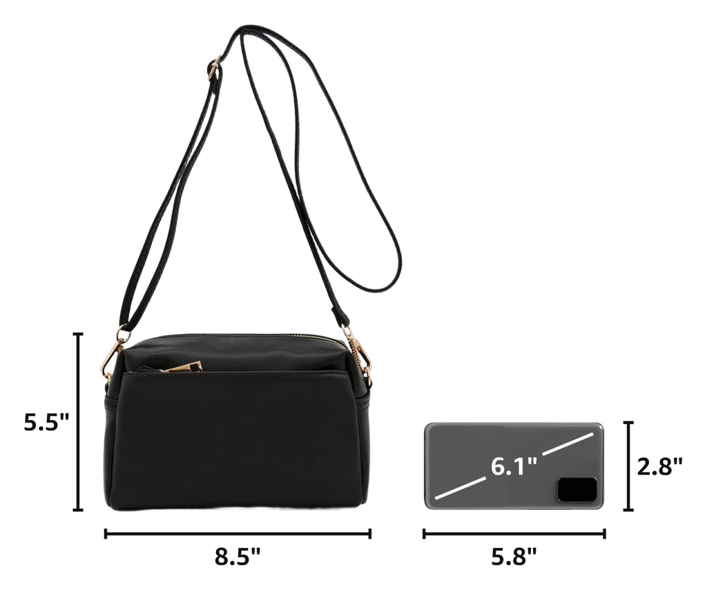 Triple Zip Small Crossbody Bag (Black)