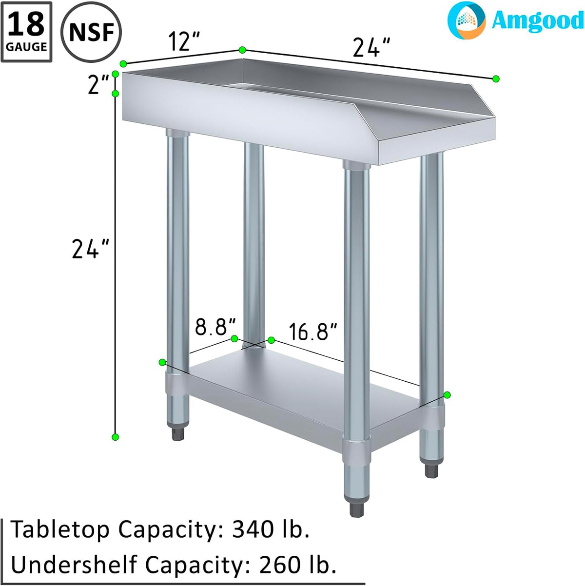 24 x 12 in. Stainless Steel Equipment Stand, 24 in. High - NSF 18-Gauge Top with Undershelf & Adjustable Feet |