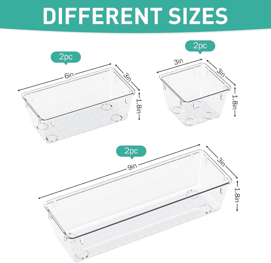6 Pack Clear Drawer Organizer Set, Acrylic Drawer Storage Trays, Storage Bins for Makeup, Cosmetics, Jewelries