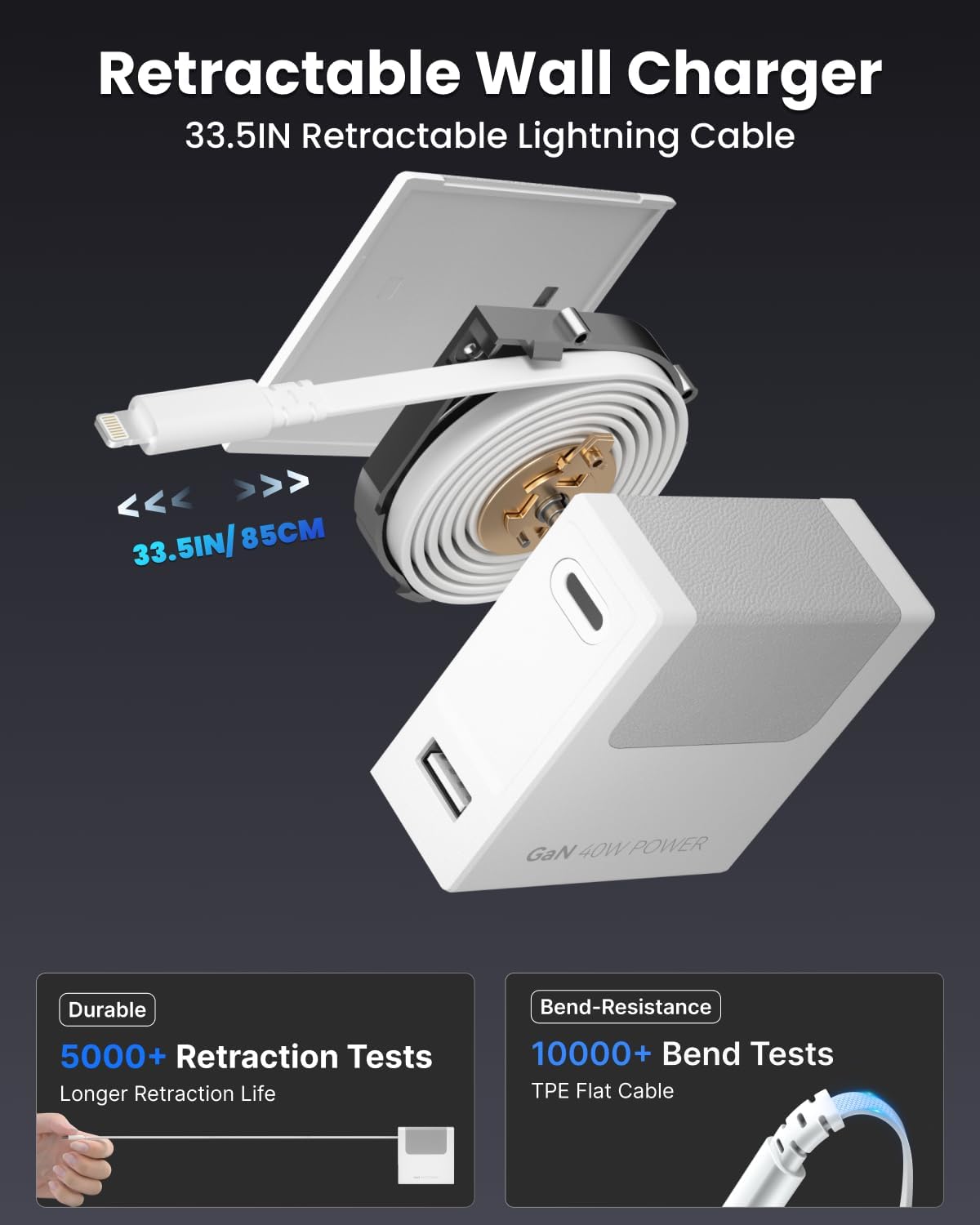 Portable Charger Block, Retractable Wall Charger, 40W PD Fast Charging Block with 33.5in Lightning Cable, Power