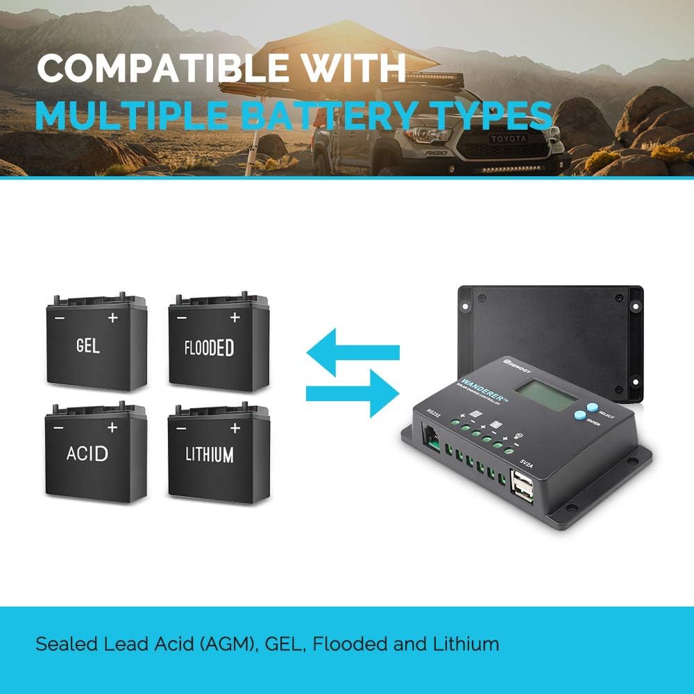 Wanderer 10A PWM Solar Charge Controller 12/24V for Solar Panels | 50V PV input, AGM/Gel/Flooded (auto), Li (manual)