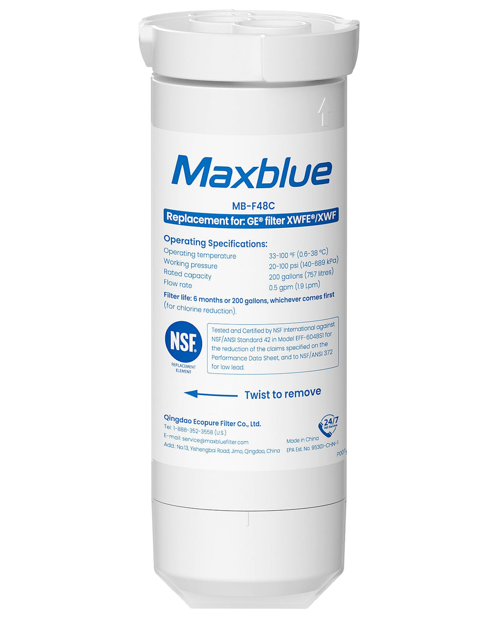XWFE Water Filter, Replacement for GE XWFE, Built-in Chip