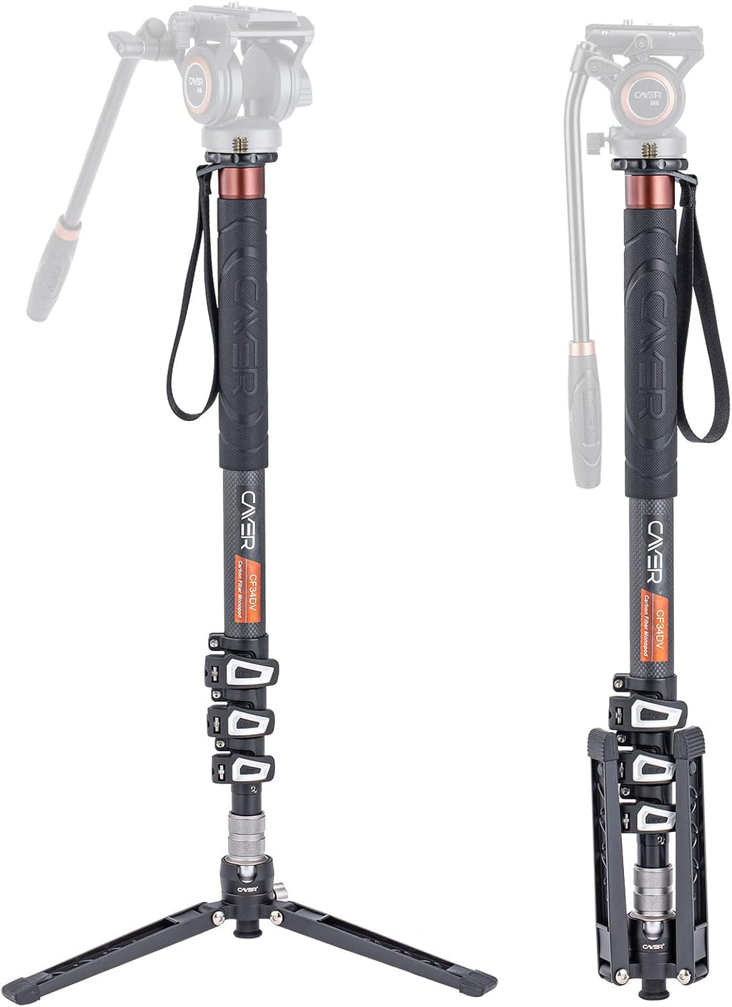 CF34DV Carbon Fiber Monopod, 68" with Folding Feet for Camera | Carbon Fiber Tube, Folding Feet, 4-Section, 68"