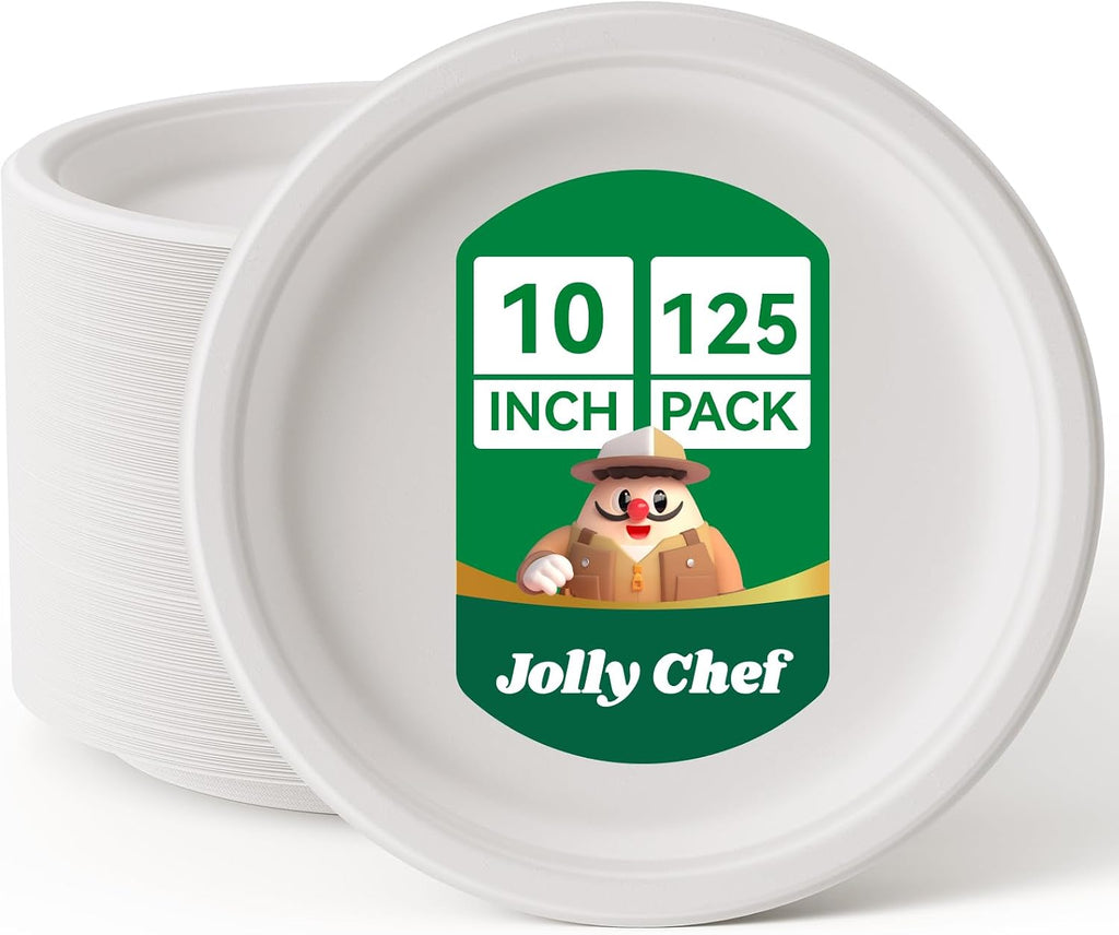 Compostable Heavy Duty 10 Inch 125 Pack Disposable Eco-Friendly Paper Plate