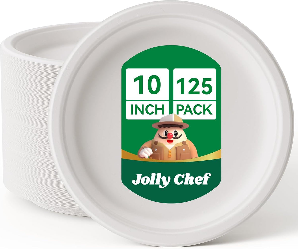Compostable Heavy Duty 10 Inch 125 Pack Disposable Eco-Friendly Paper Plate