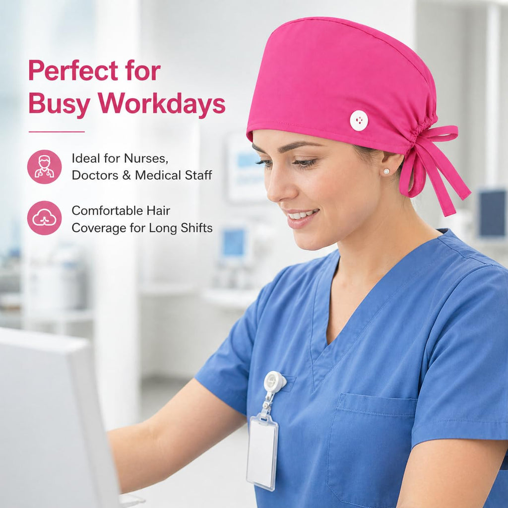 Scrub Cap for Women, Ponytail Pouch, 100% Cotton Surgical Hat, Sweatband, Adjustable Tie Back Nurse Working Cap