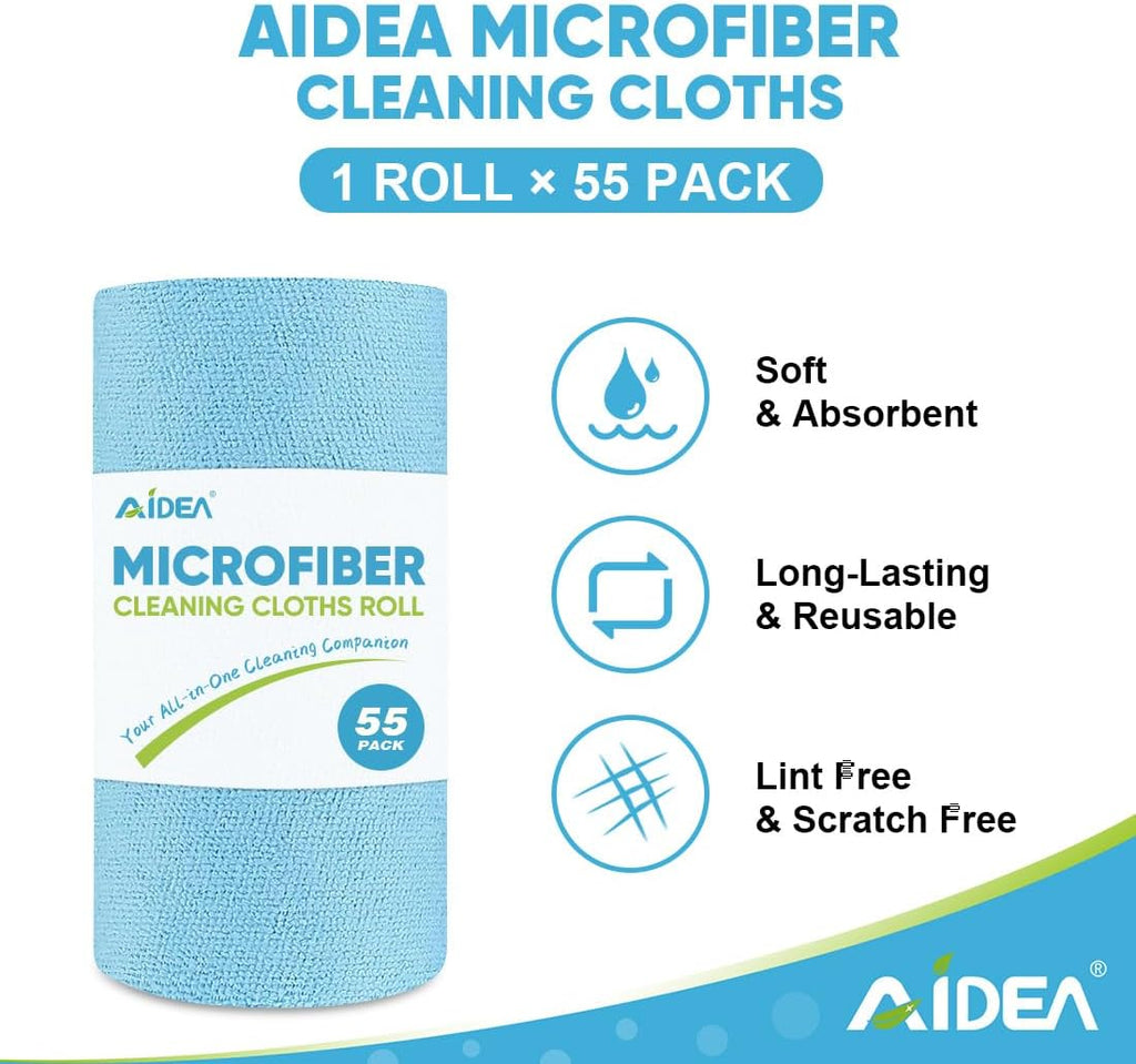 Microfiber Cleaning Cloth Roll, Blue Shop Towels 55 Sheets Washable, Microfiber Towels for Cars, Blue Rags Reusable