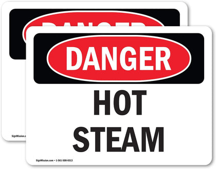 (2 Pack) Hot Steam OSHA Danger Sign 7 Inch X 5 Inch Vinyl Label Decal Sticker Weather Resistant, UV Protected for