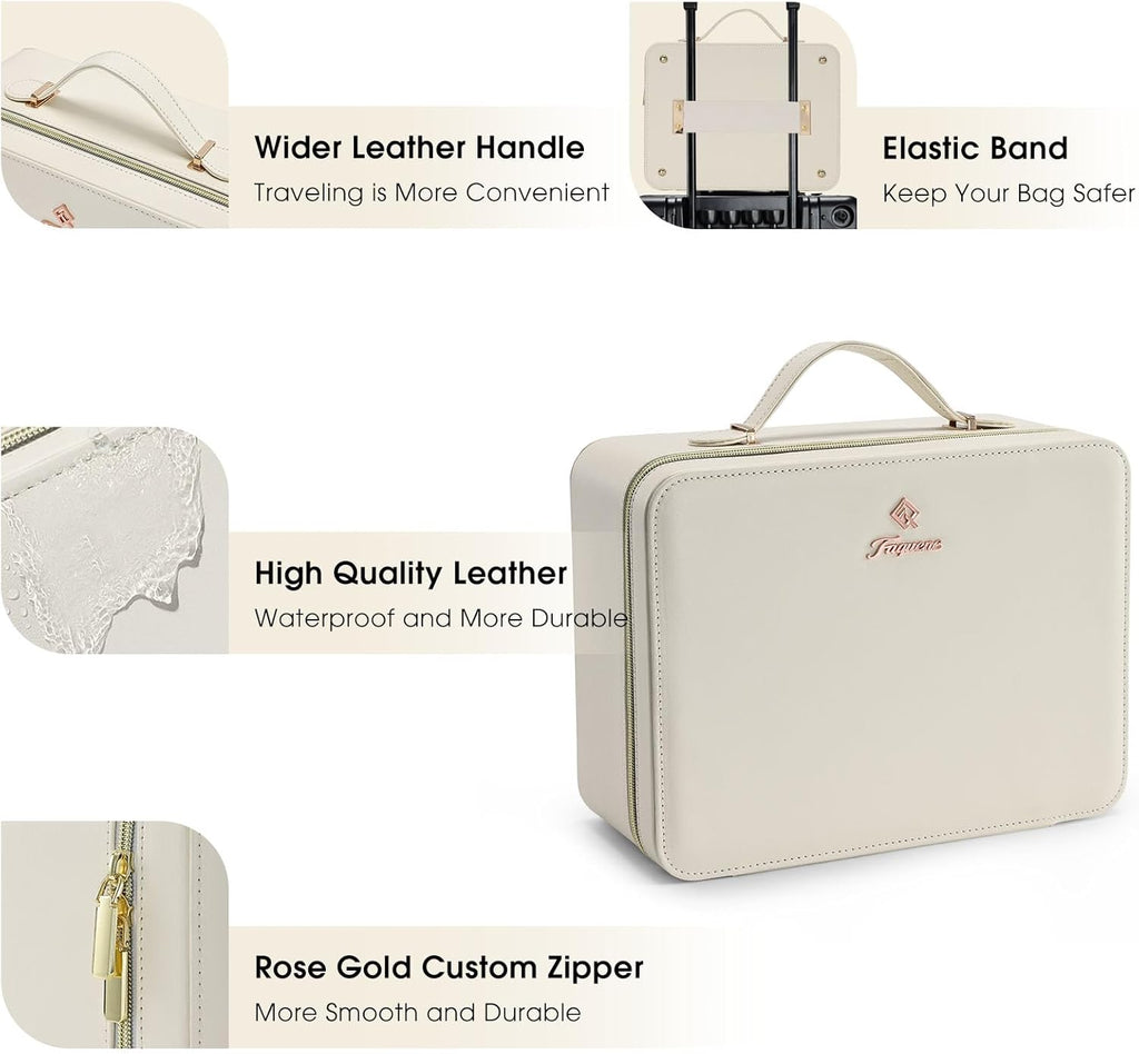 Leather Makeup Case with LED Lighted Mirror 11.4 Inch Travel Makeup Bag Adjustable Brightness in 3 Colors Cosmetic