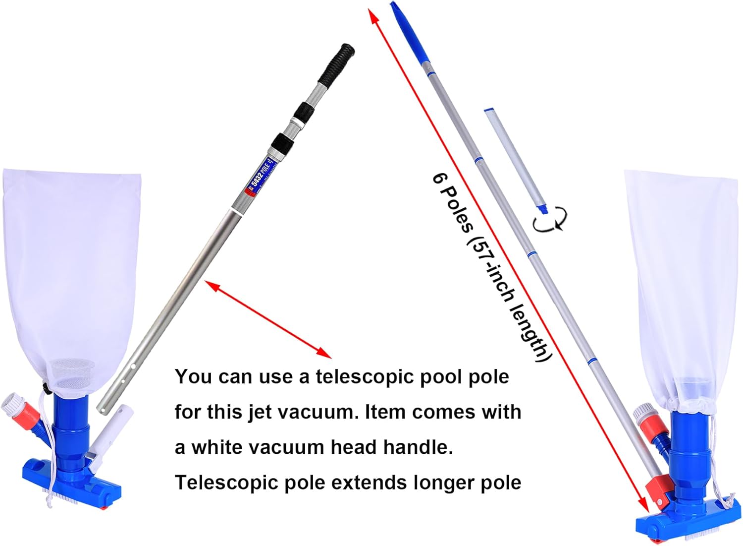 Jet Vacuum W/ 6 Section Poles of 57" for Frame Aboveground/Inflatable Pool Spa, No Electric Power Needed, Use Garden