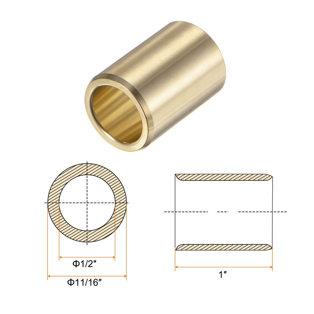 HARFINGTON 2pcs Sleeve Bearings 1/2" Bore 11/16" OD 1" Length Wrapped Oilless Bushing Brass Alloy for Transmission Conveyor System