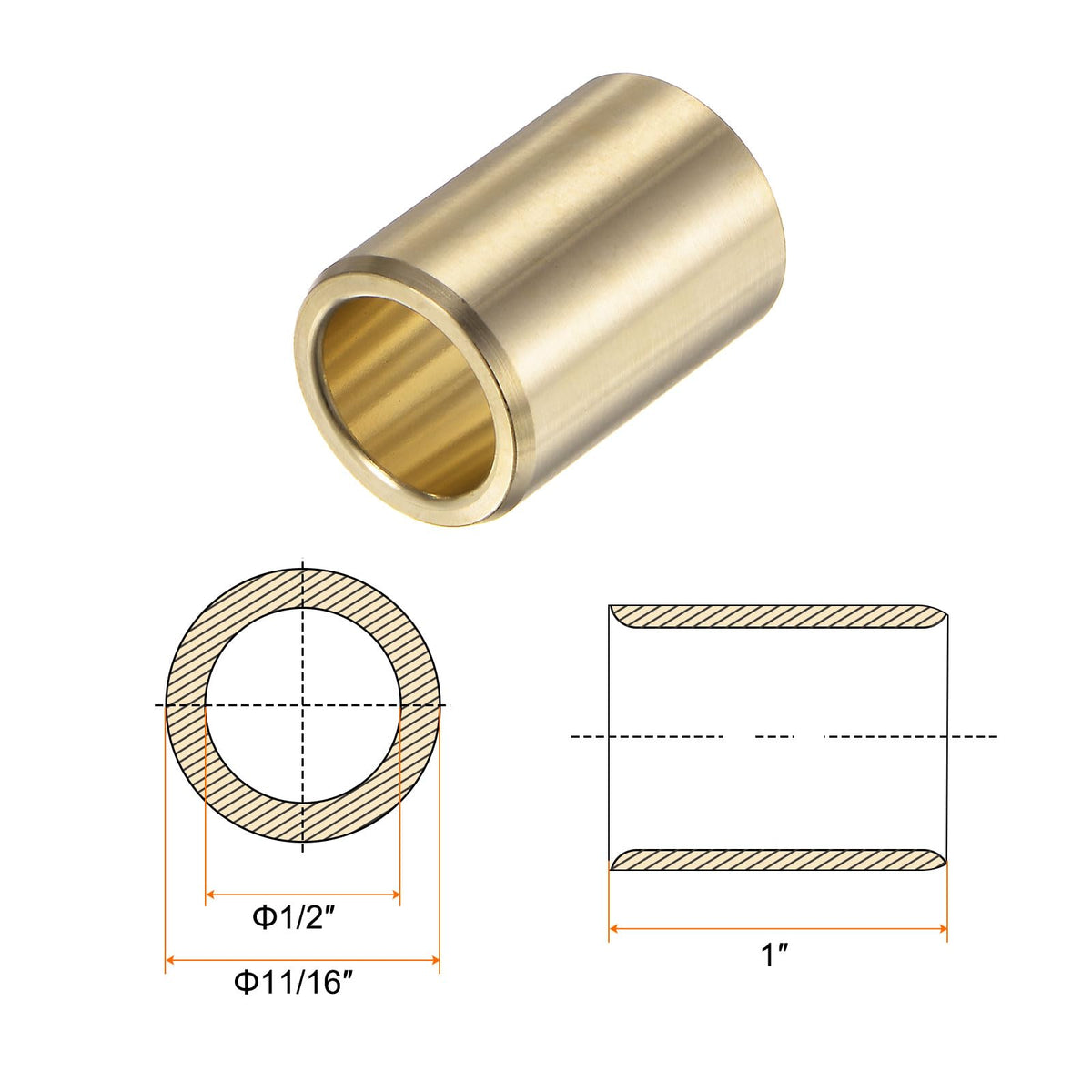 HARFINGTON 2pcs Sleeve Bearings 1/2" Bore 11/16" OD 1" Length Wrapped Oilless Bushing Brass Alloy for Transmission Conveyor System