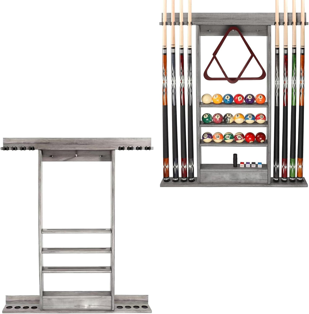 Pool Stick Holder Wall Mounted Pool Cue RackSolid Wood Billiard Stick Holder with Accessory Shelf, Heavy Duty Game