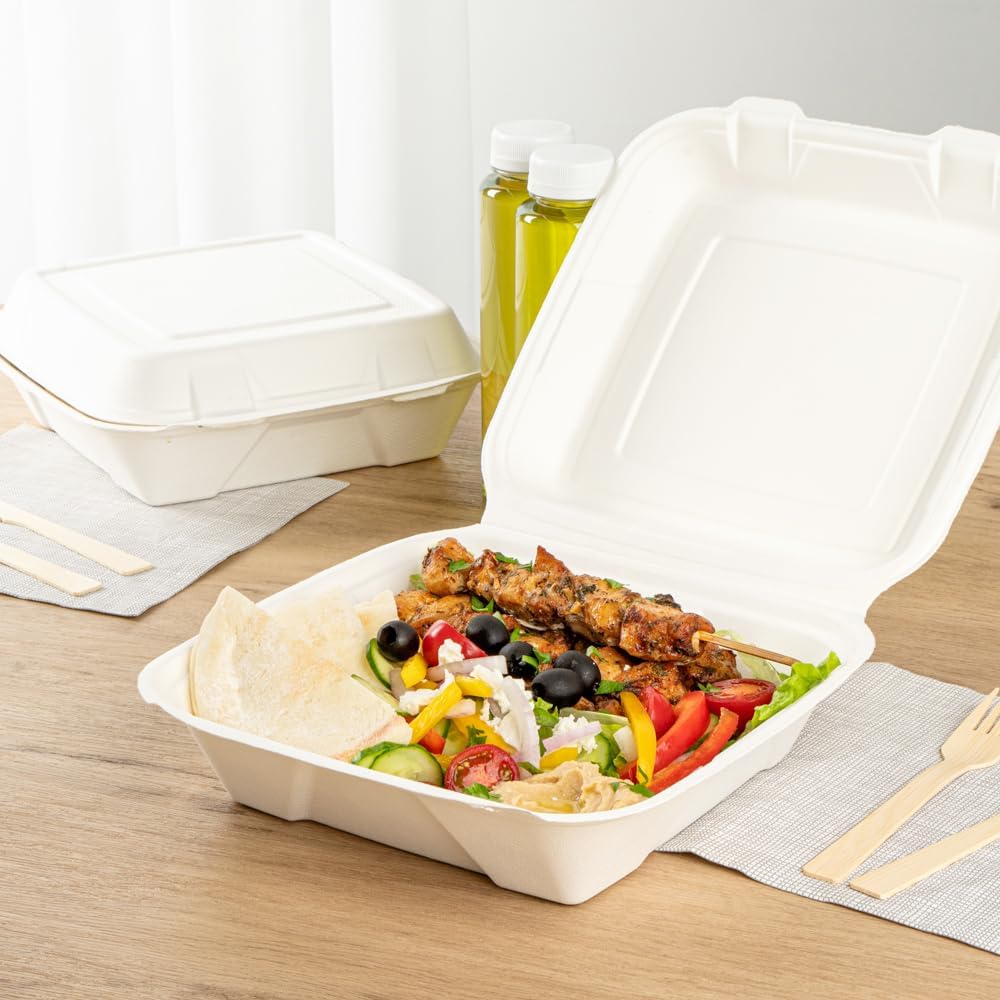 No PFAS Added 32 oz Bagasse Clamshell Containers, 100 Ct