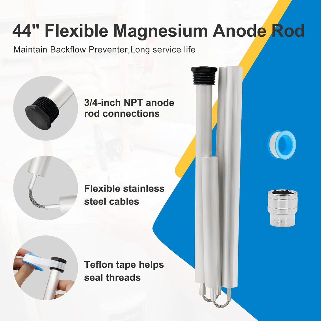 44" Flexible Magnesium Anode Rod for Water Heater with 1-1/16" Hex Socket Tool & Tape, Compatible with Rheem, Reliance, Richmond, Kenmore, GE, AO Smith, State & More – Extends Tank Life