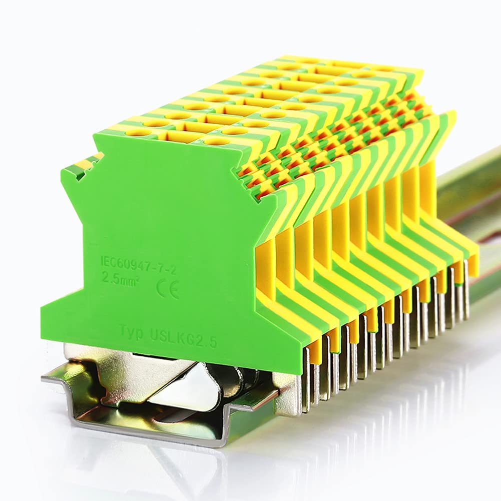 10Pcs DIN Rail Mounted Ground Circuit Connection Terminal Block Screw Clamp Connector (USLKG2.5N)
