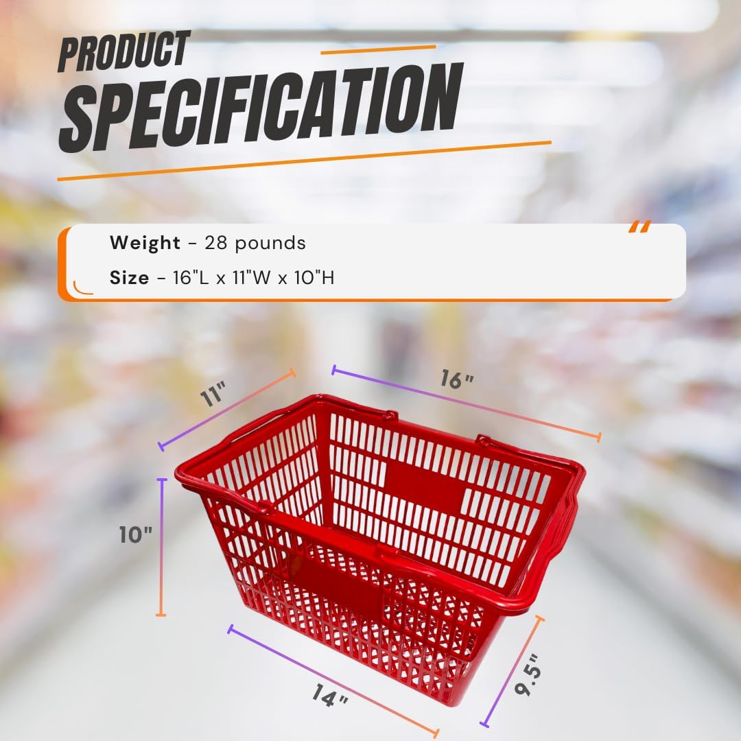 Stackable Plastic Shopping Baskets, Red and Blue, Easy-Grip Handles for Grocery, Retail, Liquor Stores, Home Use